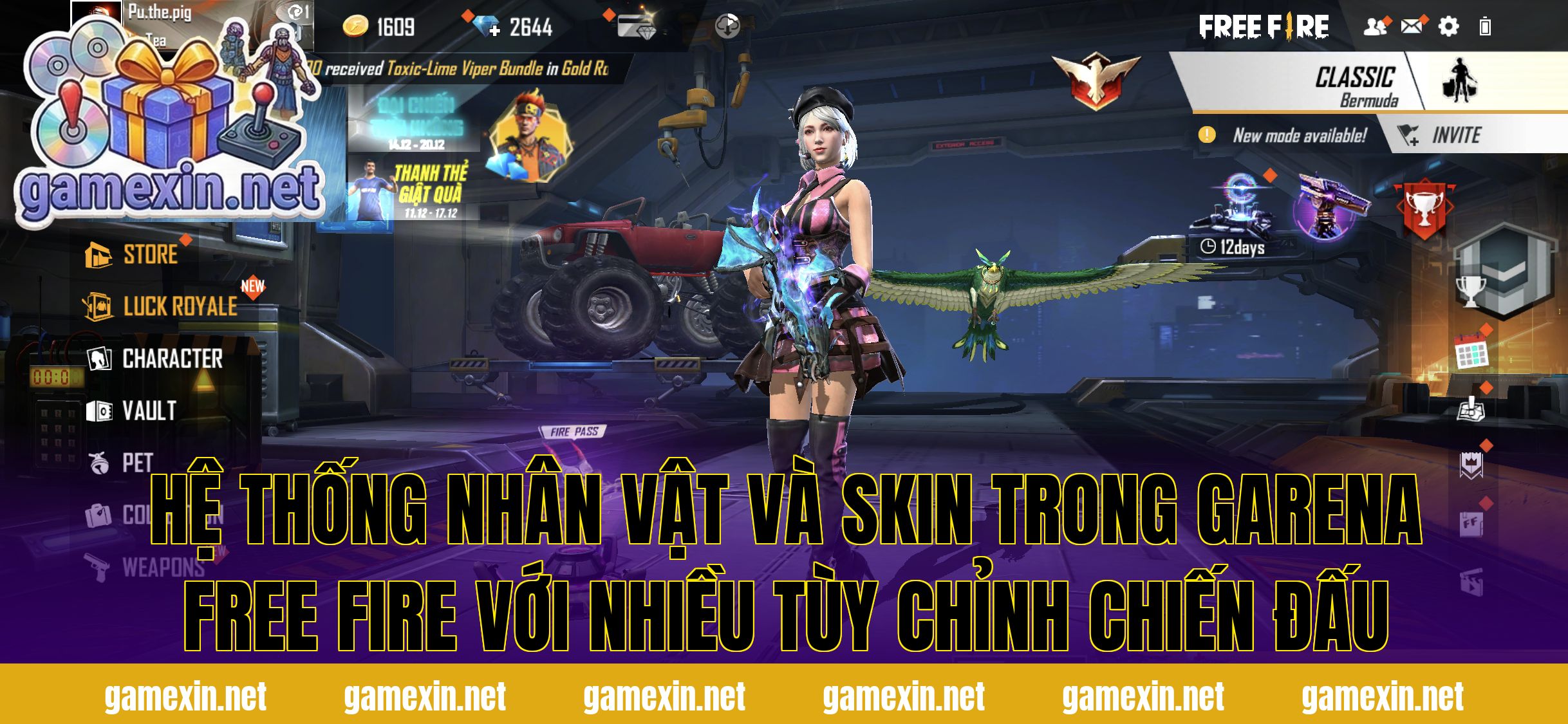 Hệ thống nhân vật và skin trong Garena Free Fire với nhiều tùy chỉnh chiến đấu