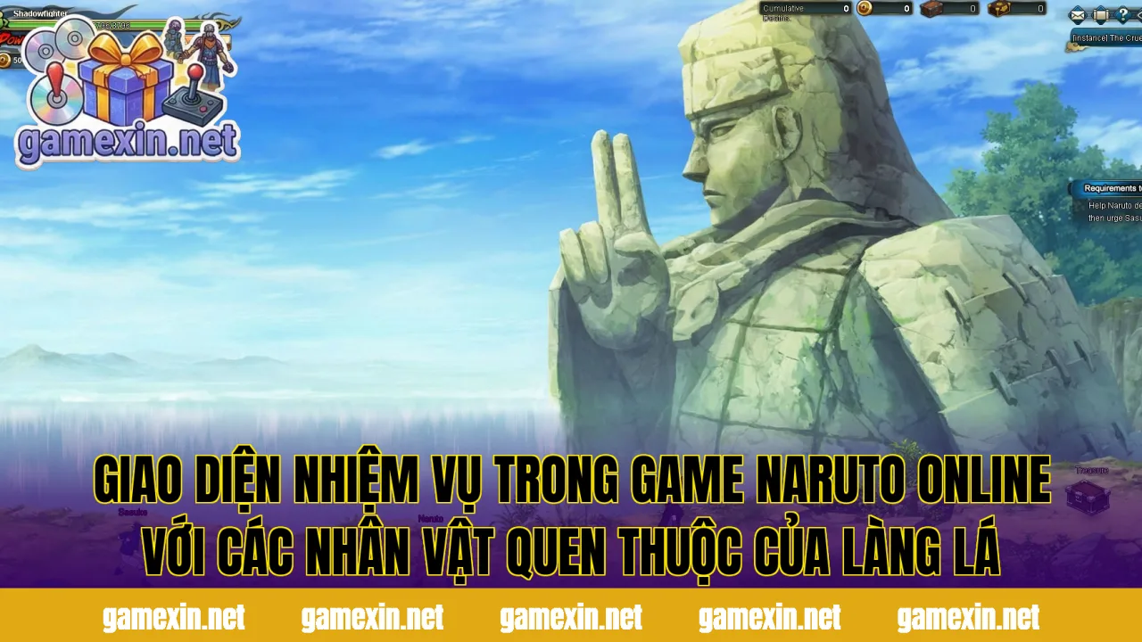 Giao diện nhiệm vụ trong game Naruto Online với các nhân vật quen thuộc của làng Lá